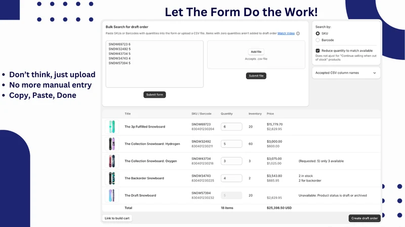 Quick Order / Draft CSV Import