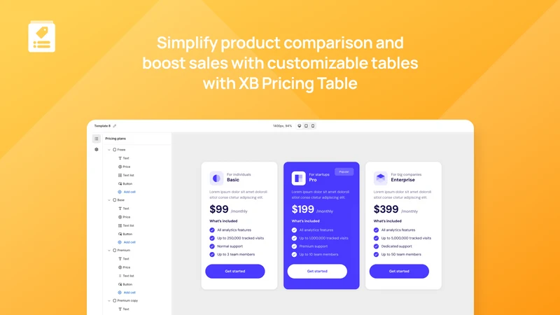 XB Pricing Table