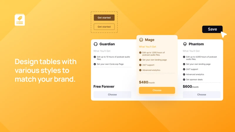 XB Pricing Table