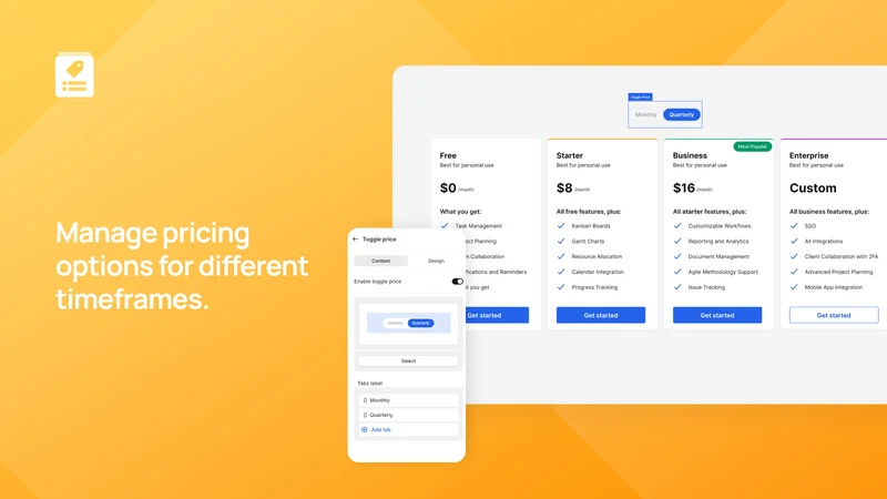 XB Pricing Table