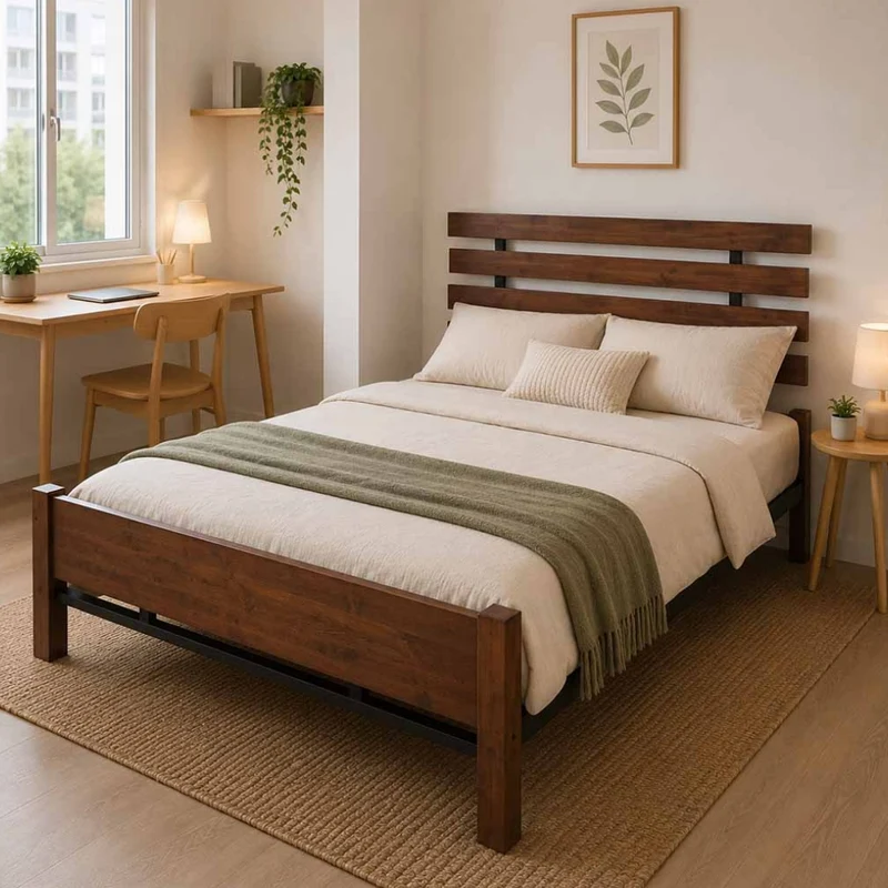 Tokoa Cama de Metal con Respaldo de Madera