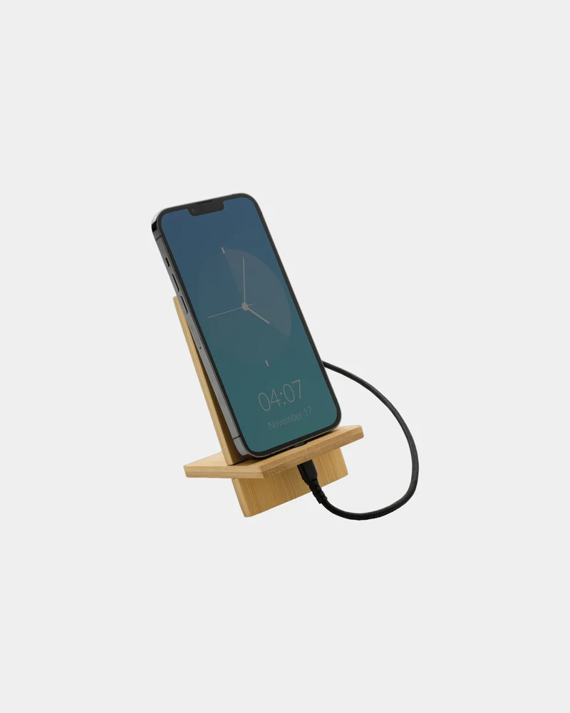 Soporte móvil de bambú FSC con caja kraft para personalizar
