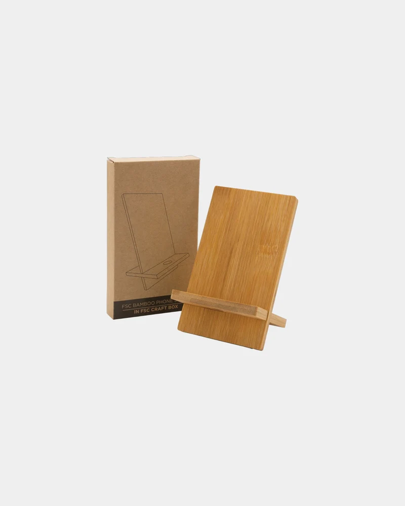 Soporte móvil de bambú FSC con caja kraft para personalizar