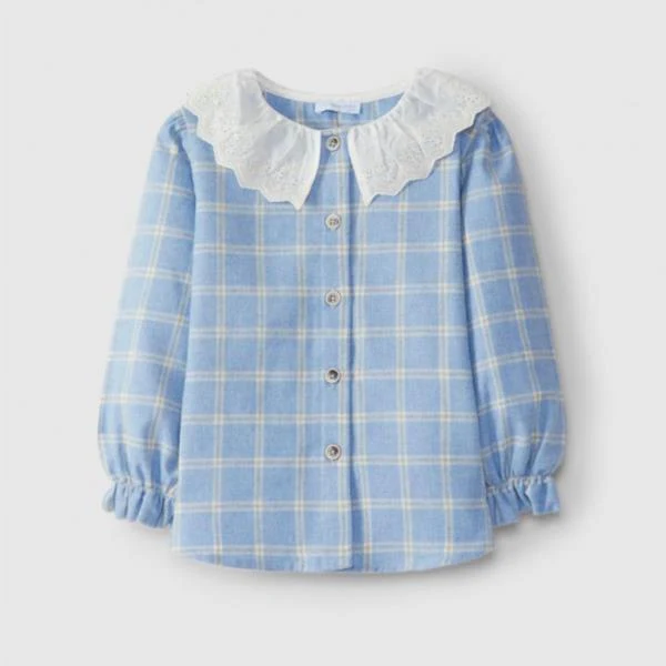 Blusa Azul A Cuadros Con Cuello Bordado Inglés Azul Medio Laranjinha