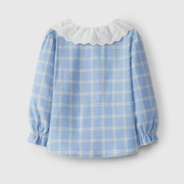 Blusa Azul A Cuadros Con Cuello Bordado Inglés Azul Medio Laranjinha
