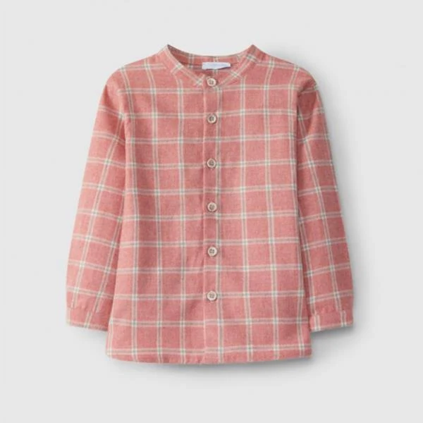 Camisa Burdeos De Cuadros Cuello Mao 100% Algodón Laranjinha