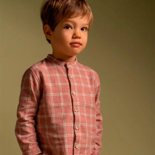 Camisa Burdeos De Cuadros Cuello Mao 100% Algodón Laranjinha
