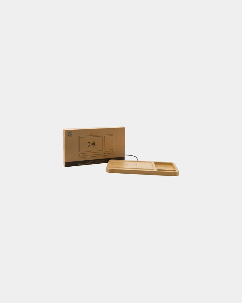 Organizador de bambú con cargador 10W para personalizar