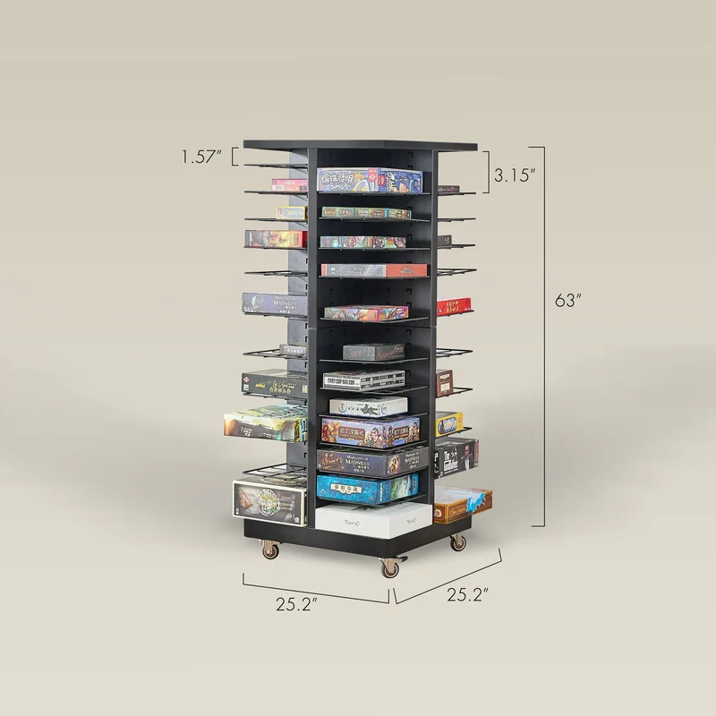 Board Game Storage Rack with Adjustable Shelves and Wheels