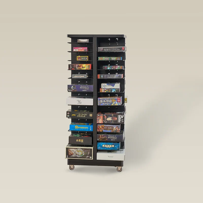 Board Game Storage Rack with Adjustable Shelves and Wheels