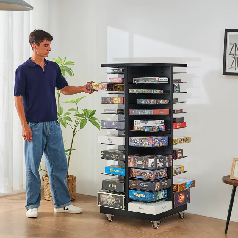 Board Game Storage Rack with Adjustable Shelves and Wheels