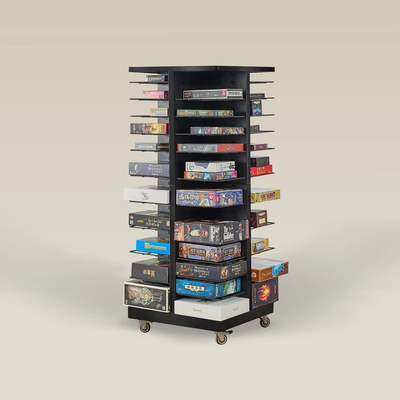 Board Game Storage Rack with Adjustable Shelves and Wheels