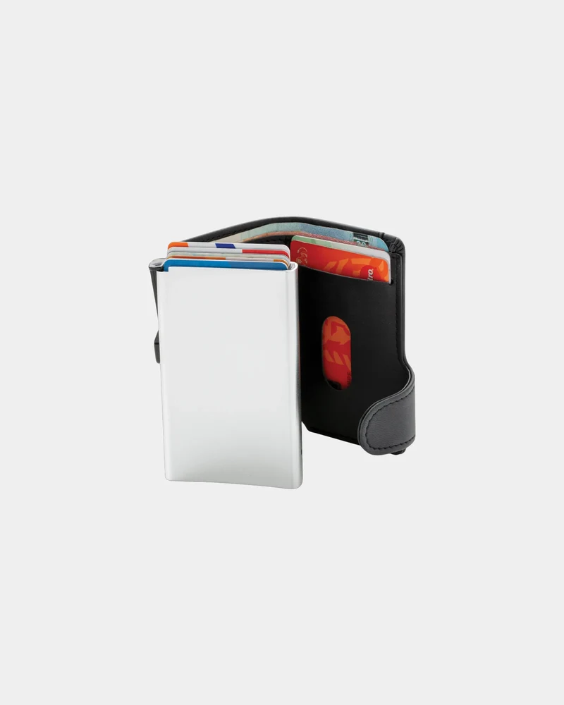 Tarjetero antirrábido aluminio y PU para personalizar